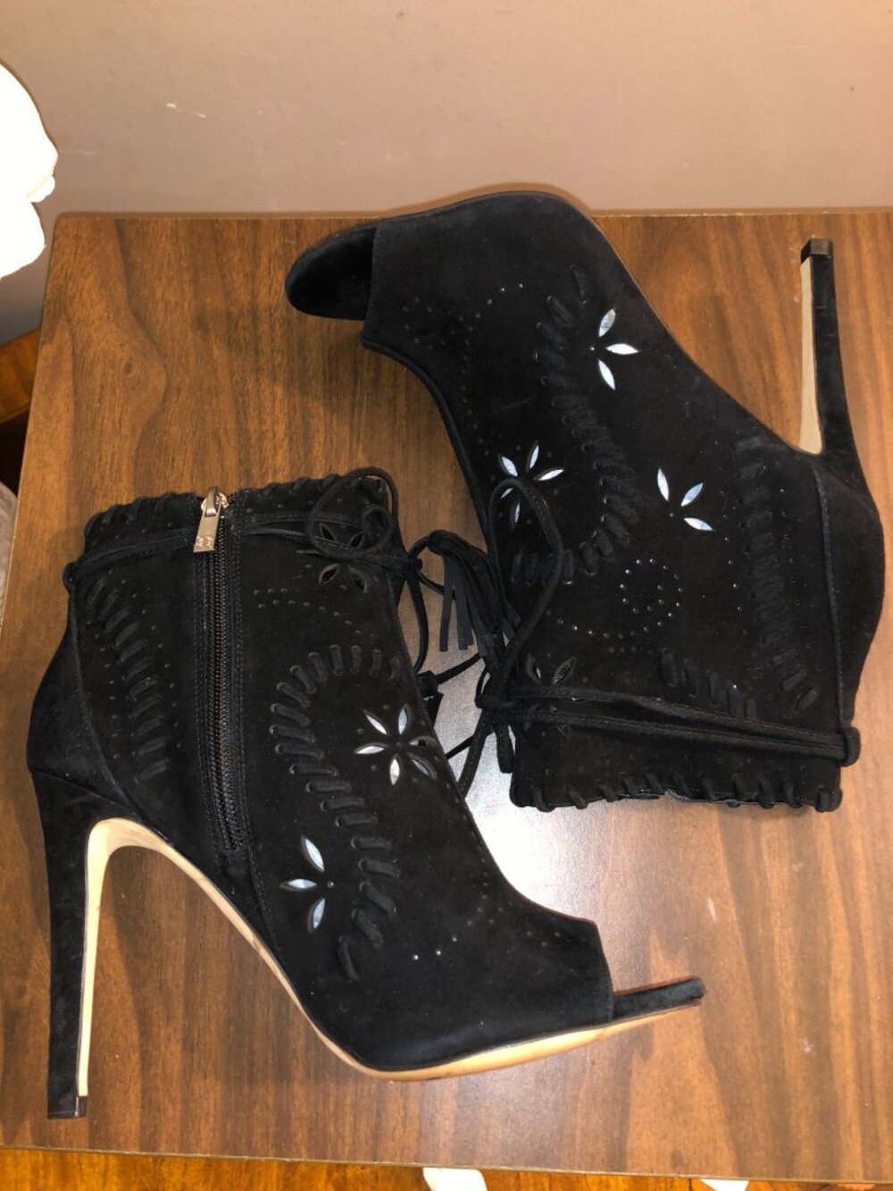 Ivanka Trump Black Suede Laser Cut Tassel Peep Toe Heeled Booties Size 9M
